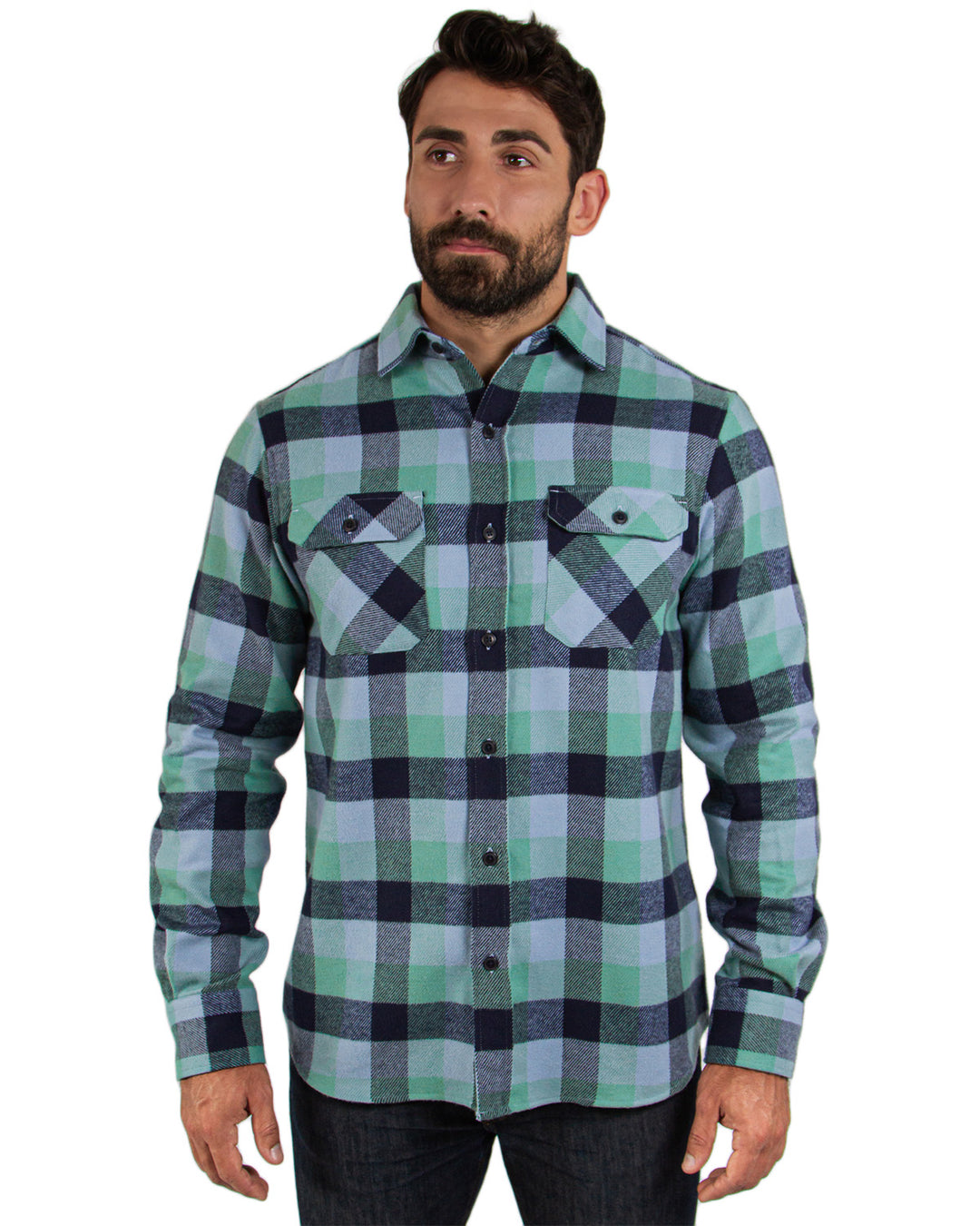 Field Grand Flannel in Fern Green and Blue, 100% Cotton Flannel Shirt for Men by MuskOx