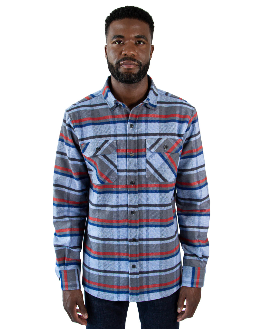 Grand Flannel in Dust Blue Plaid, 100% Cotton Flannel Shirt for Men by MuskOx