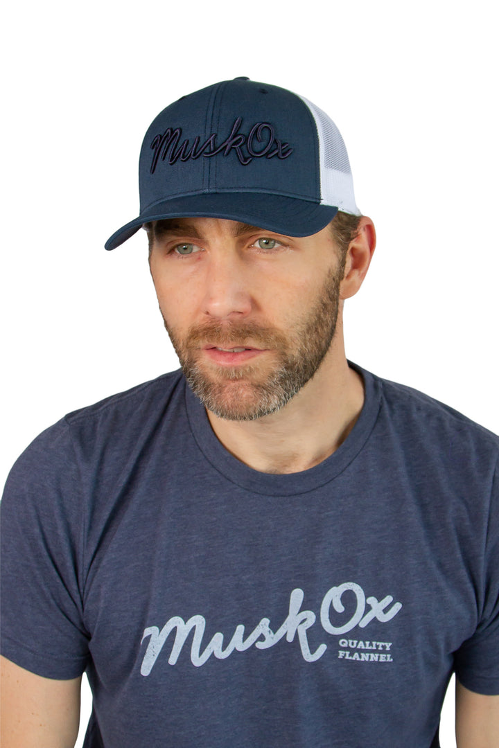 MuskOx Embroidered Trucker Hat in Navy and White, embroidered in USA