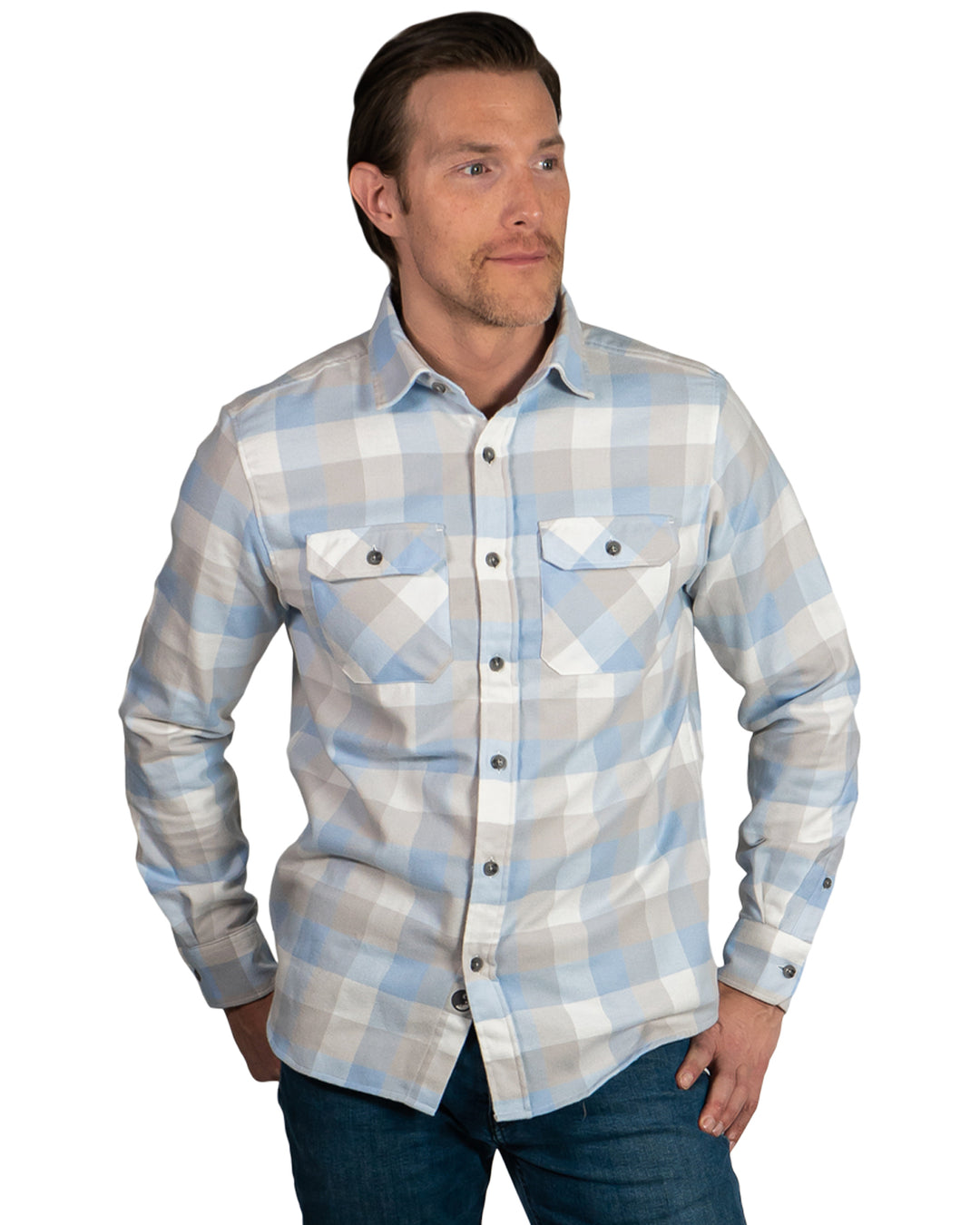 MuskOx Three Seasons Flannel in Vintage Sky Blue, 100% cotton lightweight flannel shirt for men
