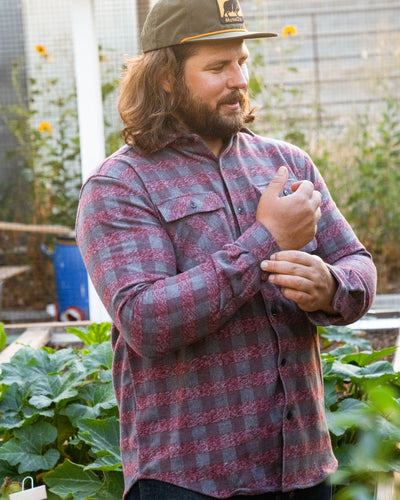 Relaxed fitting flannel shirt in burgundy for men by MuskOx Flannels, made with 100% heavyweight cotton