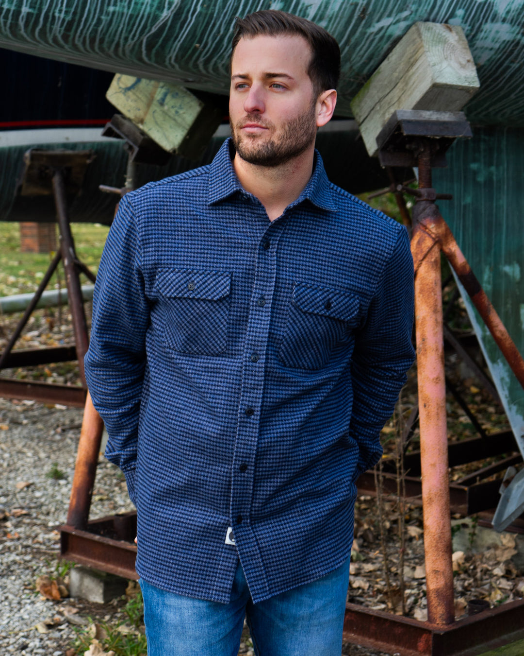 The Grand Flannel in Dark Blue by MuskOx Flannels, 100% Heavyweight Cotton Flannel Shirt for Men