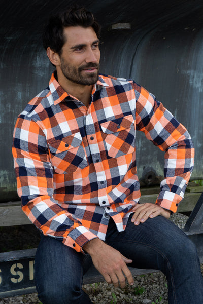 Field Grand Flannel in Bonfire Orange, Black and White, 100% Cotton Flannel Shirt for Men by MuskOx