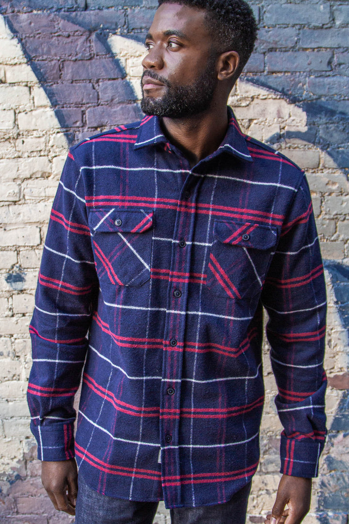 Grand Flannel in Marine Blue Plaid, 100% Cotton Flannel Shirt for Men by MuskOx