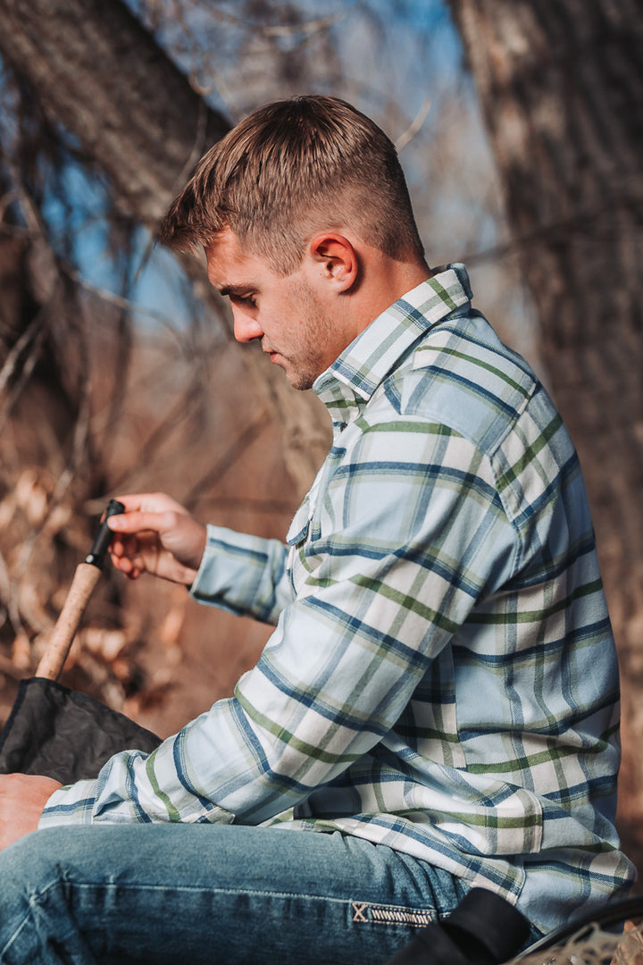 MuskOx Three Seasons Flannel shirt in Light Blue Plaid
