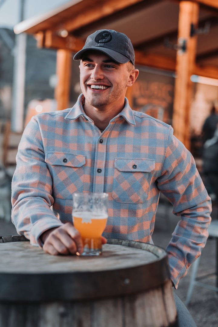 Grand Flannel in Tangerine Orange and Blue Check, Cotton Flannel Shirt for Men by MuskOx