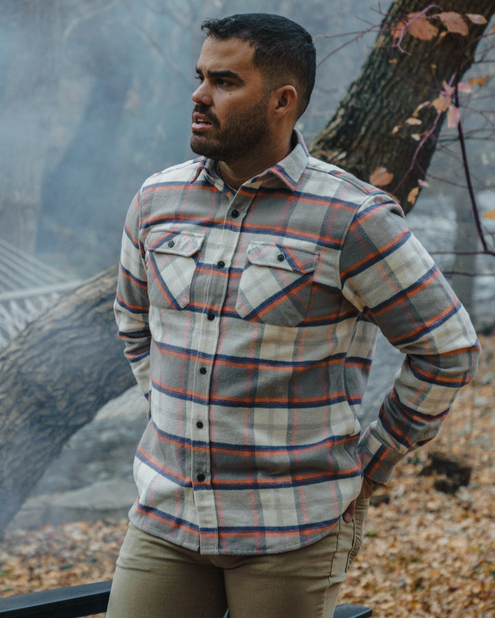 The Grand Flannel in Orange and Grey Plaid by MuskOx Flannels, 100% Heavyweight Cotton Flannel Shirt for Men