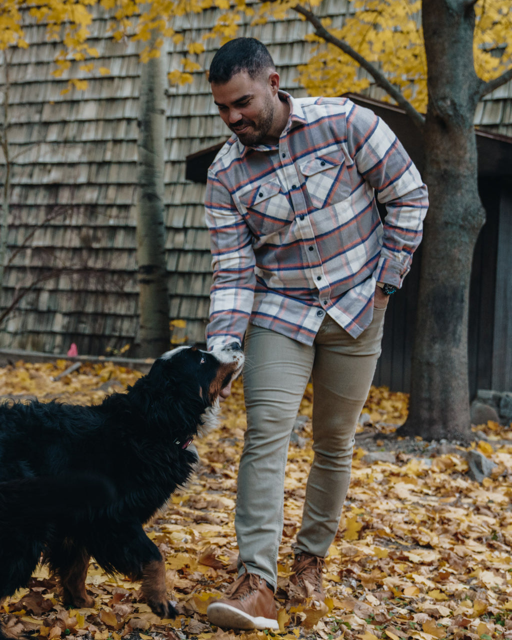 The Grand Flannel in Orange and Grey Plaid by MuskOx Flannels, 100% Heavyweight Cotton Flannel Shirt for Men