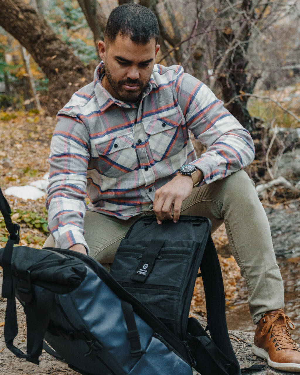 The Grand Flannel in Orange and Grey Plaid by MuskOx Flannels, 100% Heavyweight Cotton Flannel Shirt for Men