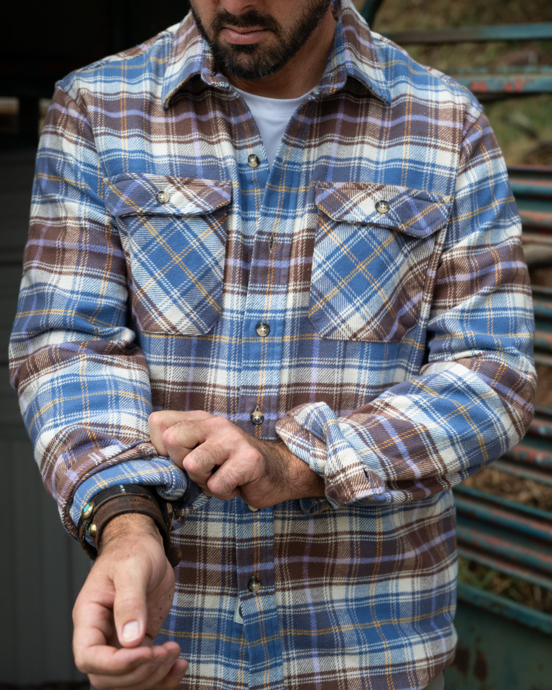 Men's Flannel Shirt for Fall in Brown and Blue Chestnut Plaid