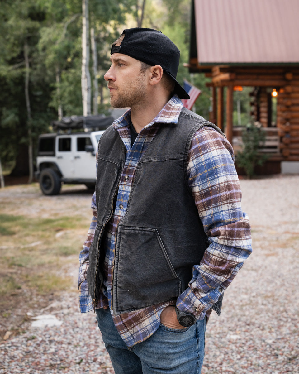 Men's Flannel Shirt for Fall in Brown and Blue Chestnut Plaid