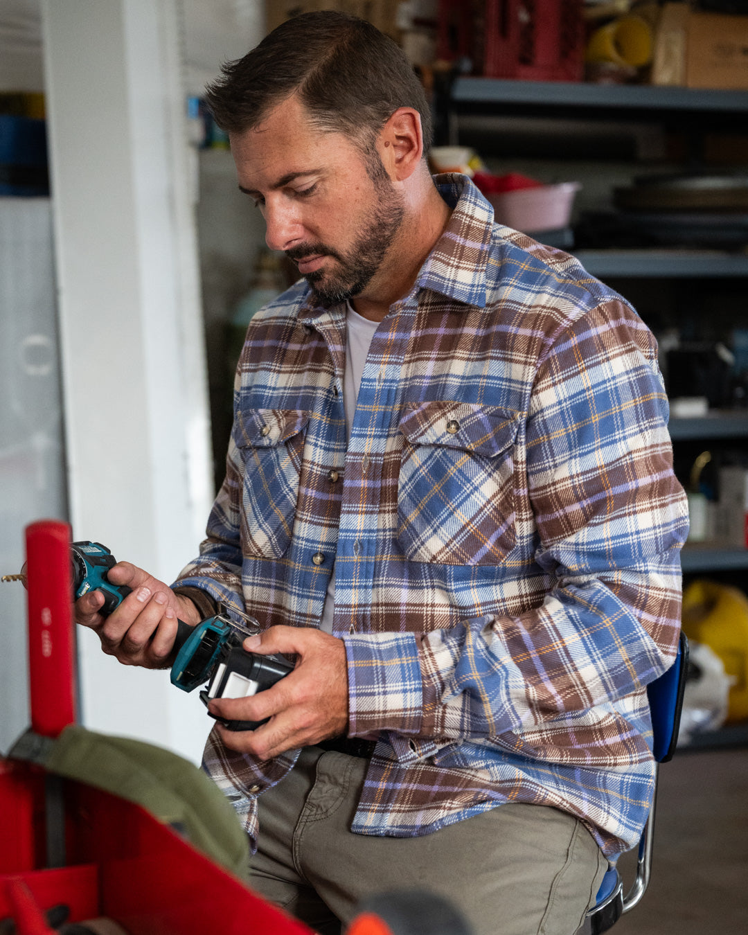 Men's Flannel Shirt for Fall in Brown and Blue Chestnut Plaid