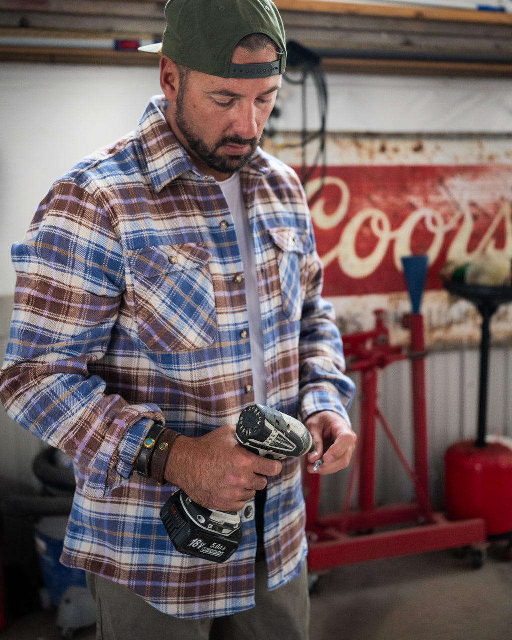Men's Flannel Shirt for Fall in Brown and Blue Chestnut Plaid