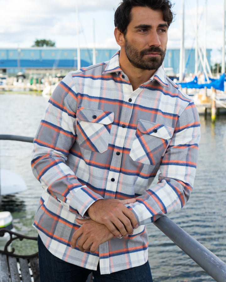 The Grand Flannel in Orange and Grey Plaid by MuskOx Flannels, 100% Heavyweight Cotton Flannel Shirt for Men