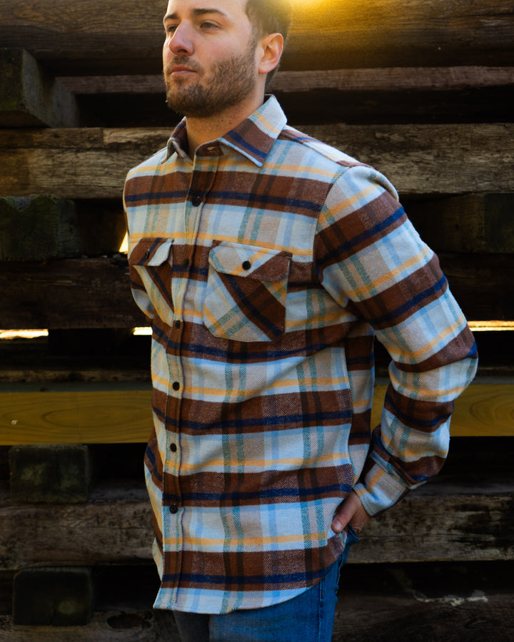The Grand Flannel in Blue Plaid by MuskOx Flannels, 100% Heavyweight Cotton Flannel Shirt for Men