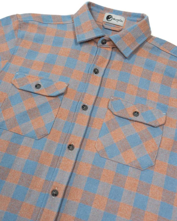 The Grand Flannel in Orange and Grey Plaid by MuskOx Flannels, 100% Heavyweight Cotton Flannel Shirt for Men