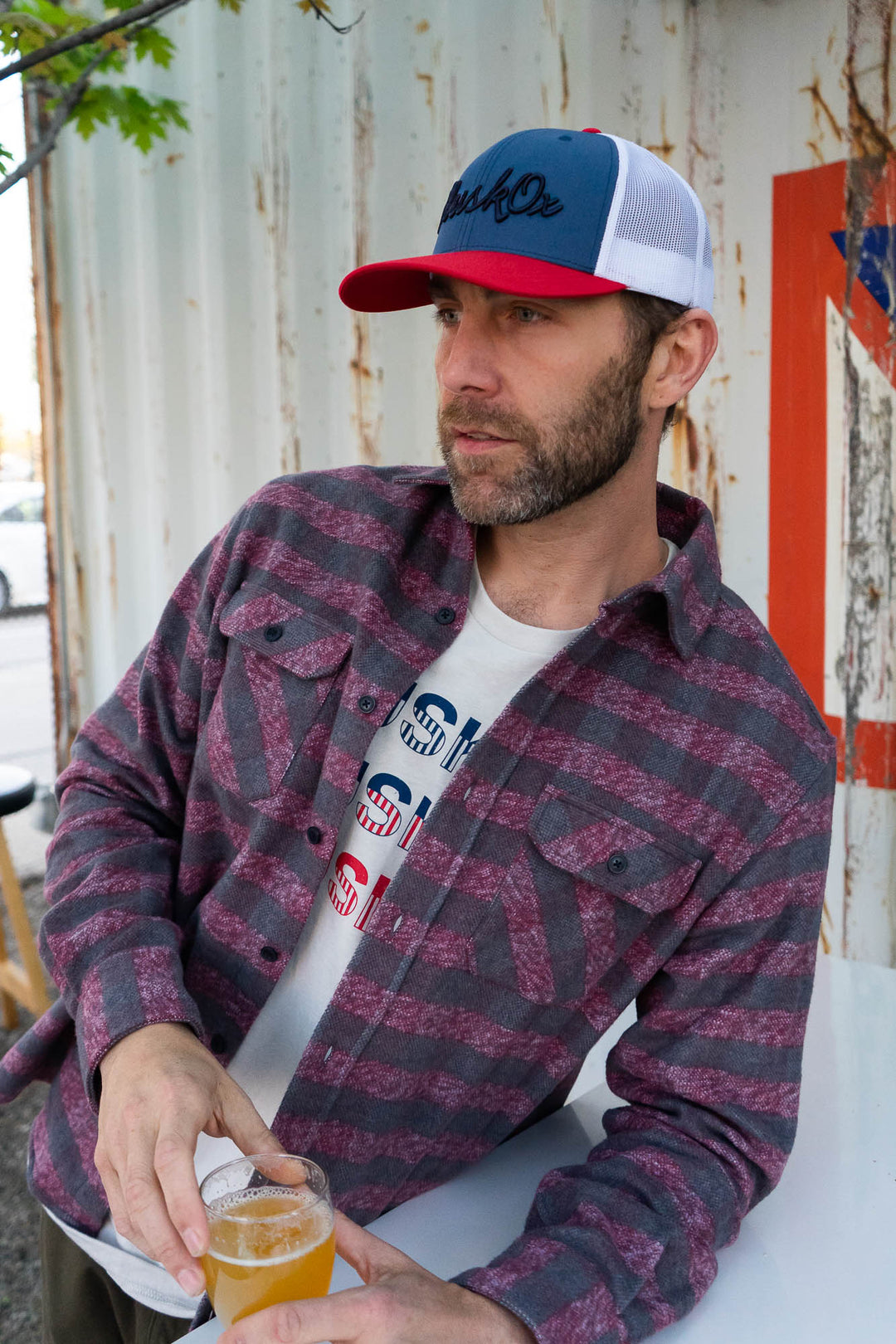 MuskOx Embroidered Trucker Hat in Red, Blue and White, Embroidered in USA