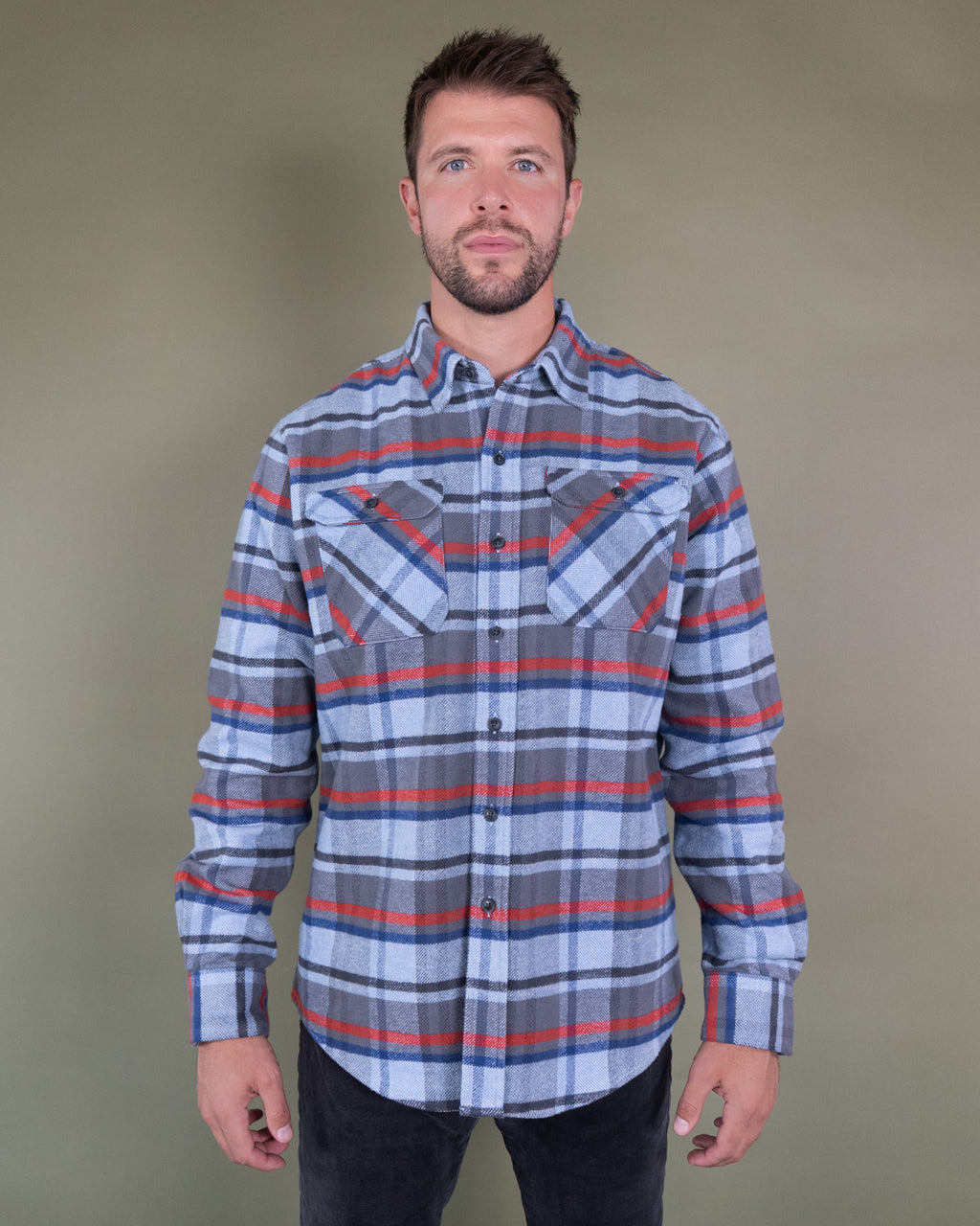 Grand Flannel in Dust Blue Plaid, 100% Cotton Flannel Shirt for Men by MuskOx