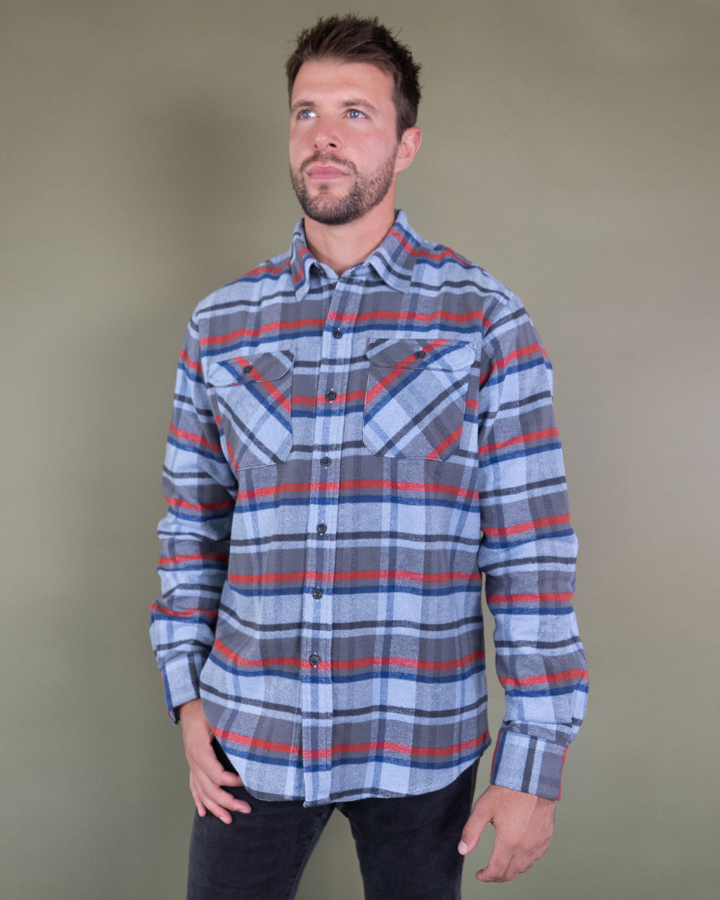 Grand Flannel in Dust Blue Plaid, 100% Cotton Flannel Shirt for Men by MuskOx