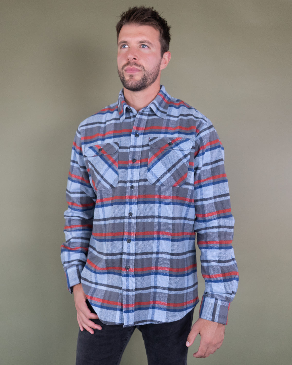 Grand Flannel in Dust Blue Plaid, 100% Cotton Flannel Shirt for Men by MuskOx
