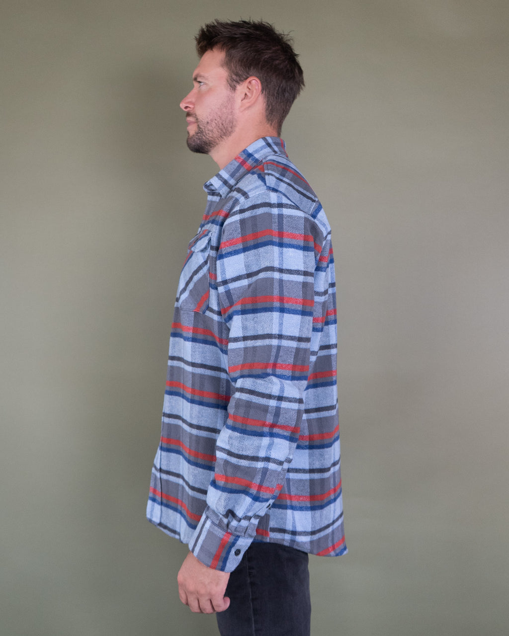 Grand Flannel in Dust Blue Plaid, 100% Cotton Flannel Shirt for Men by MuskOx