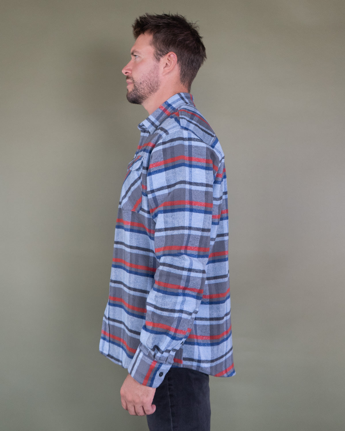Grand Flannel in Dust Blue Plaid, 100% Cotton Flannel Shirt for Men by MuskOx
