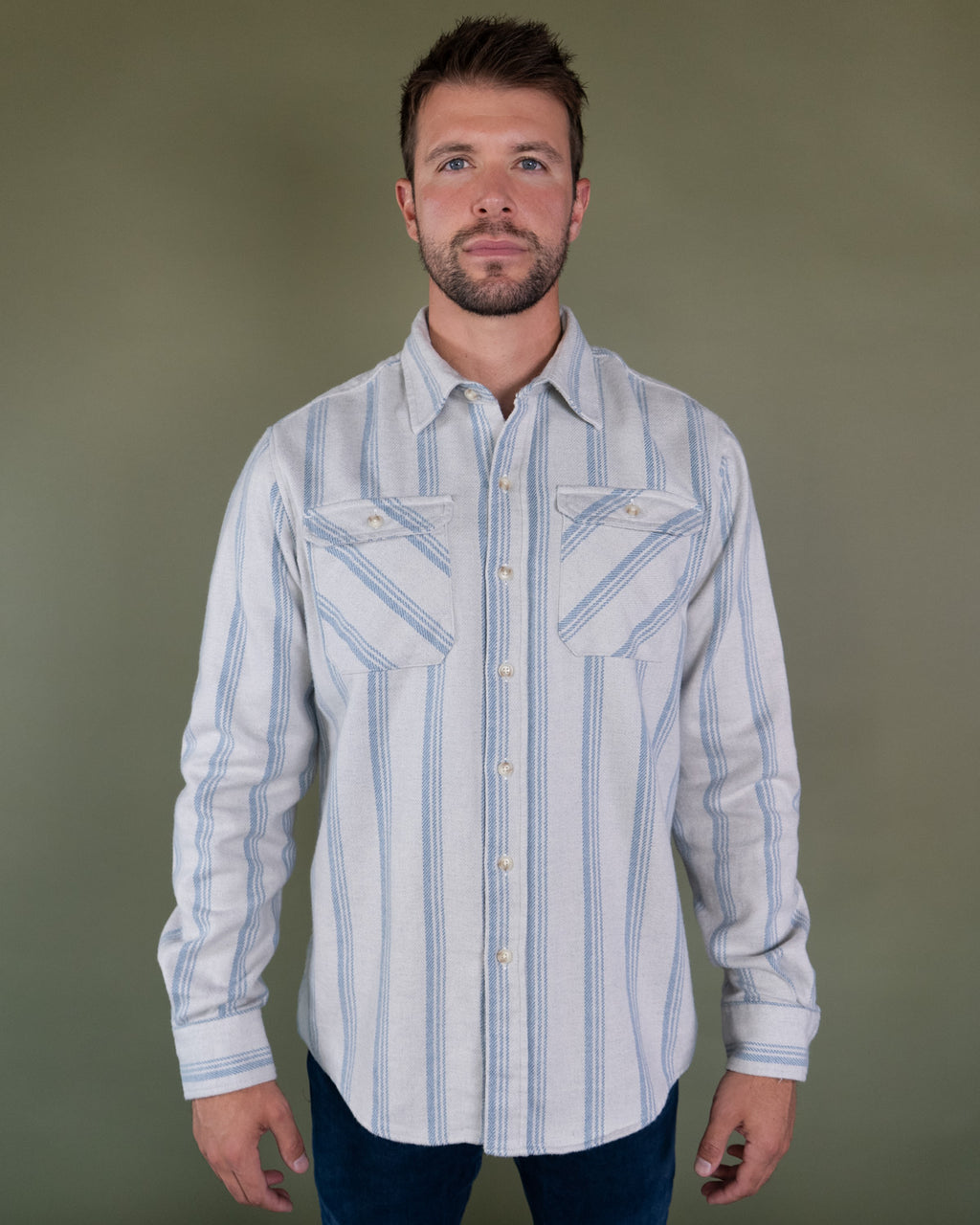 Blue and White Striped Flannel Shirt for Men, 100% Heavyweight Cotton Flannel