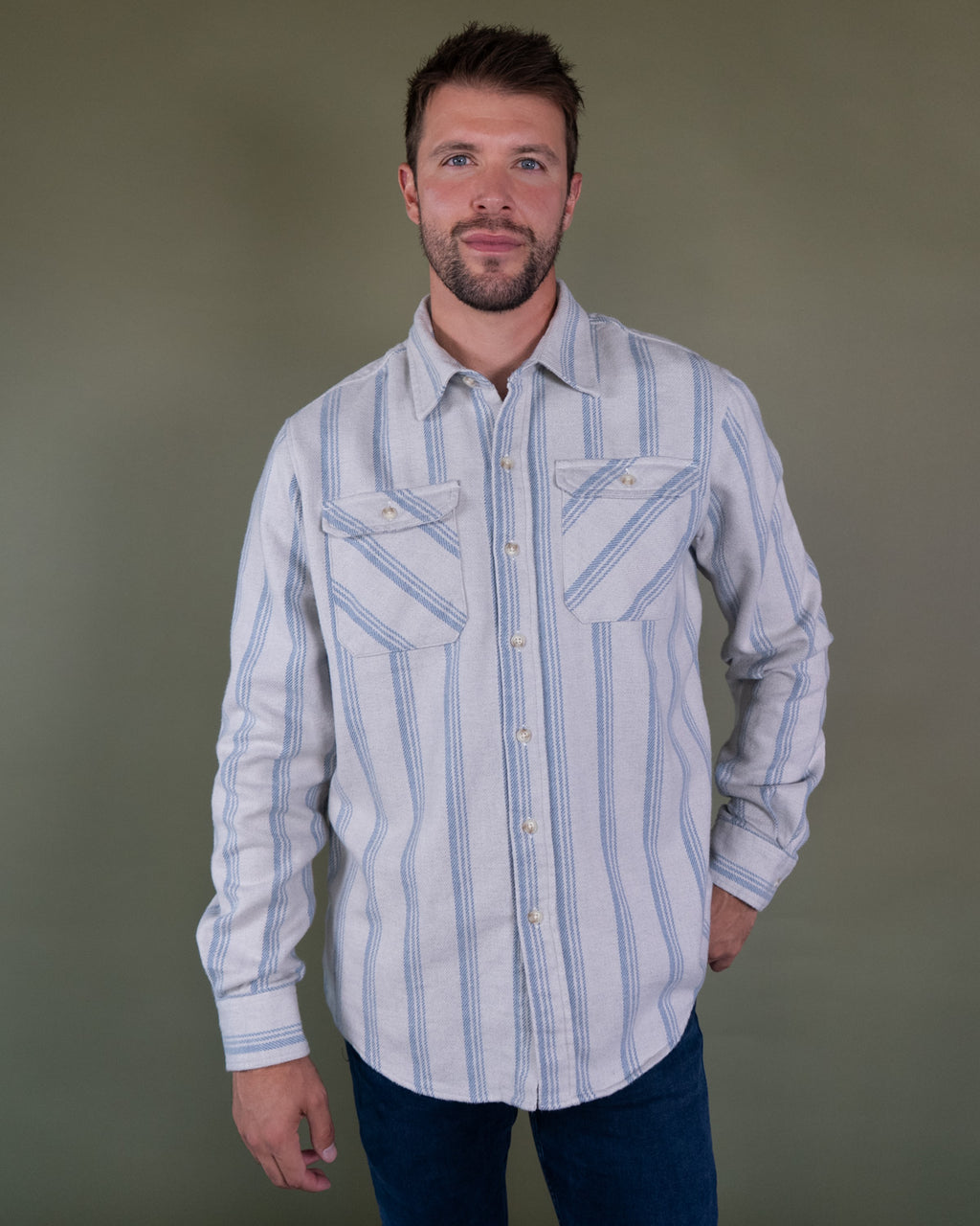 Blue and White Striped Flannel Shirt for Men, 100% Heavyweight Cotton Flannel