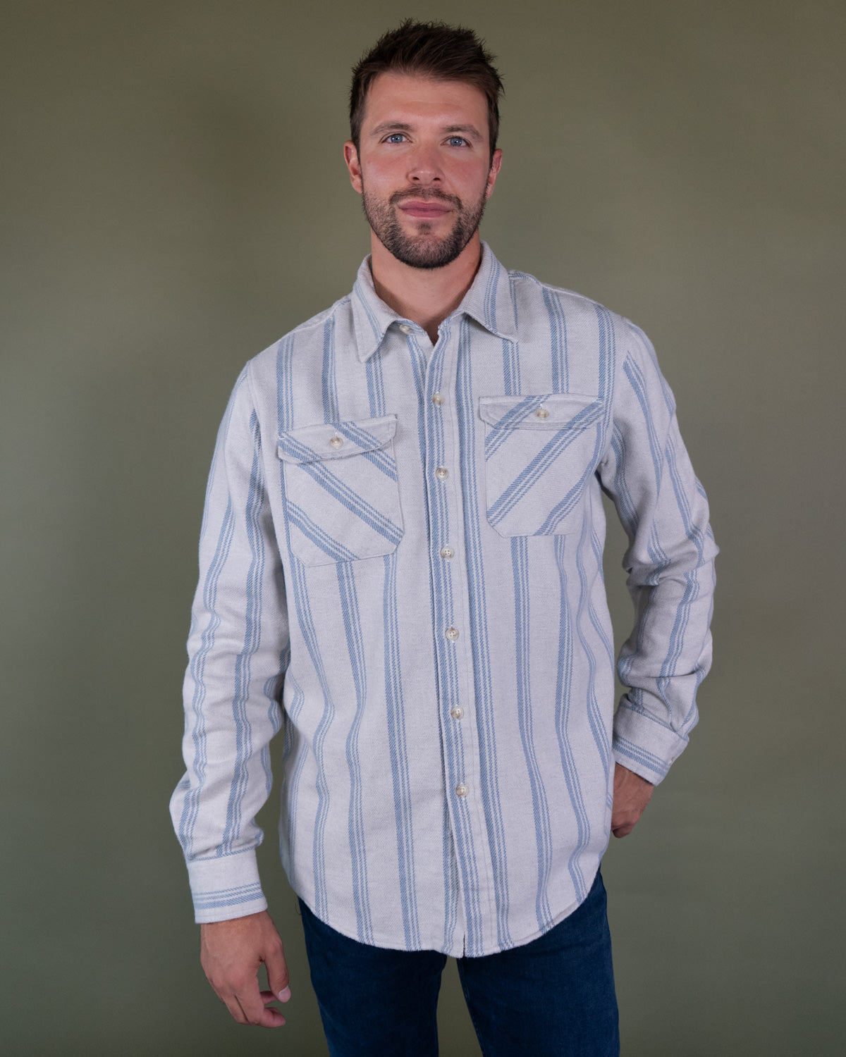 Blue and White Striped Flannel Shirt for Men, 100% Heavyweight Cotton Flannel