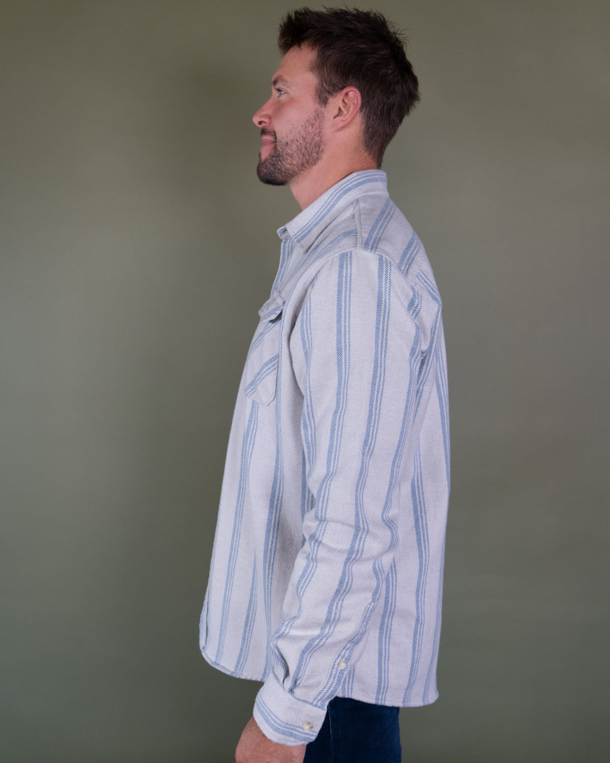 Blue and White Striped Flannel Shirt for Men, 100% Heavyweight Cotton Flannel