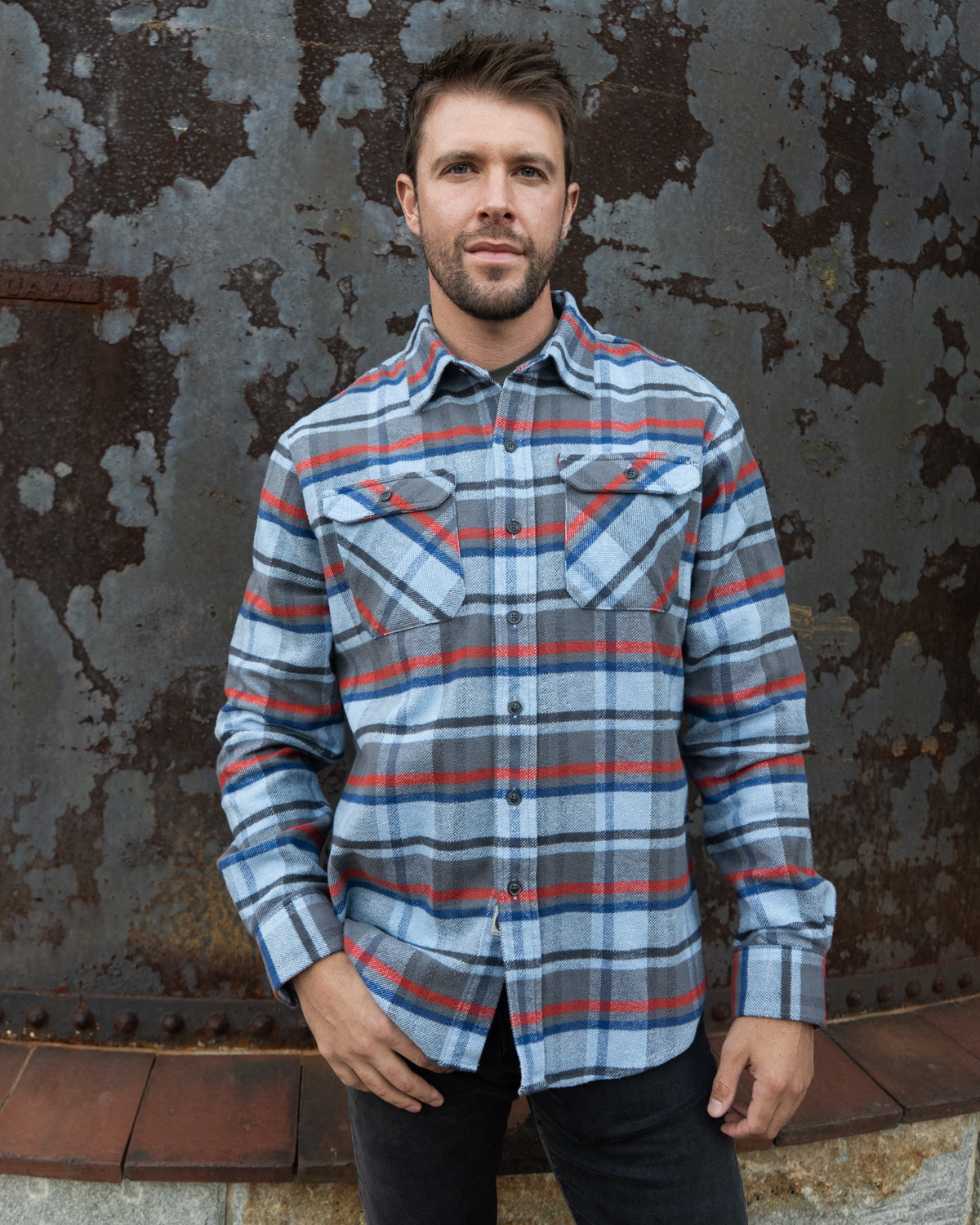 Grand Flannel in Dust Blue Plaid, 100% Cotton Flannel Shirt for Men by MuskOx
