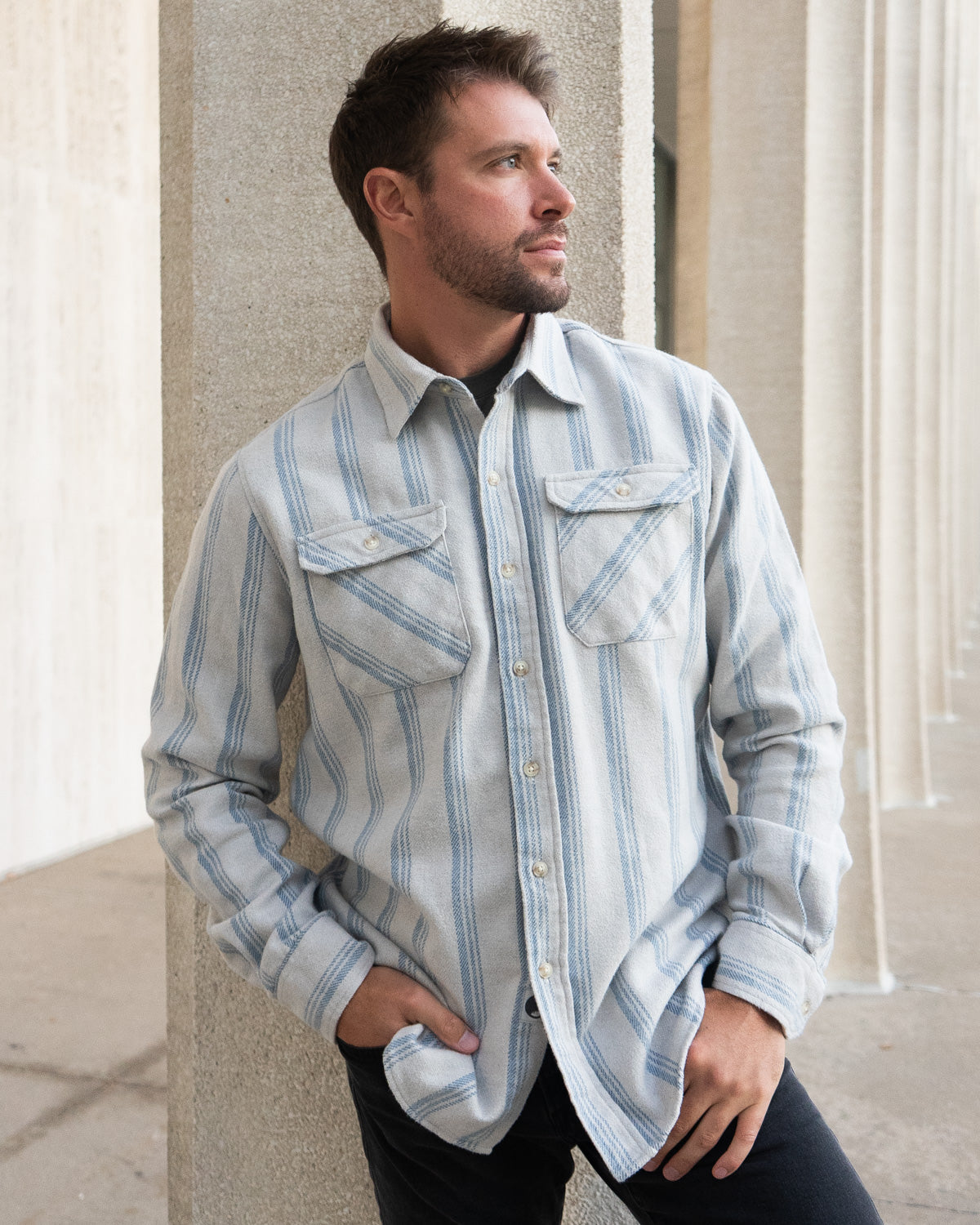 Blue and White Striped Flannel Shirt for Men, 100% Heavyweight Cotton Flannel