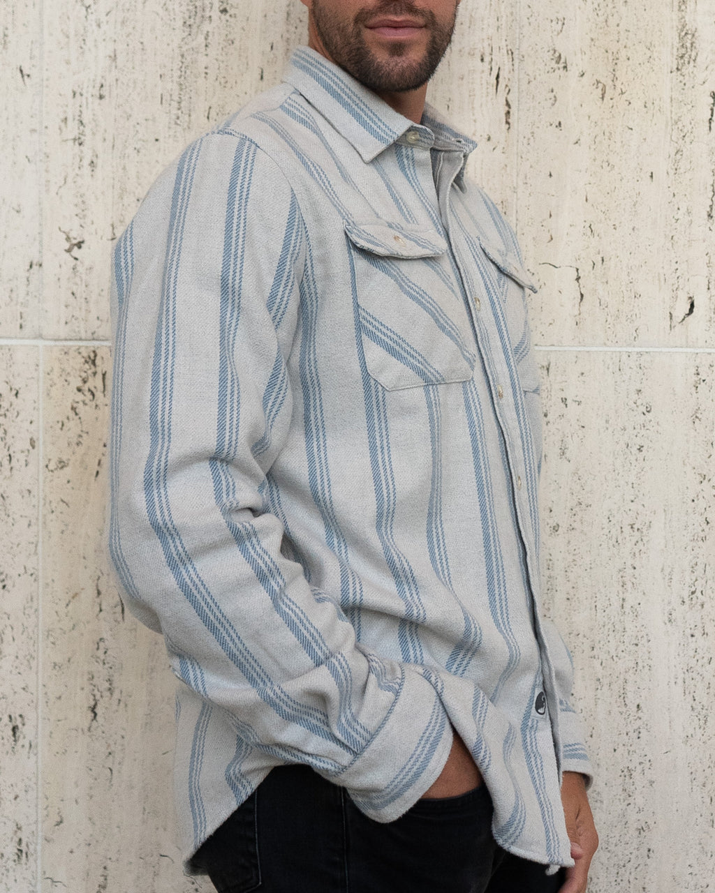Blue and White Striped Flannel Shirt for Men, 100% Heavyweight Cotton Flannel