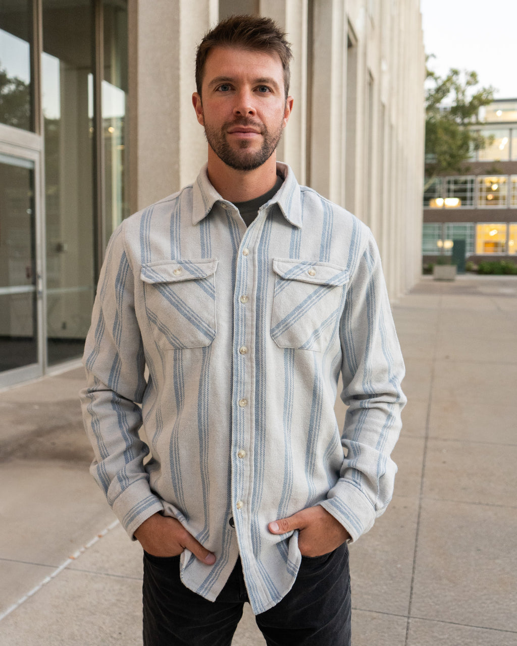 Blue and White Striped Flannel Shirt for Men, 100% Heavyweight Cotton Flannel