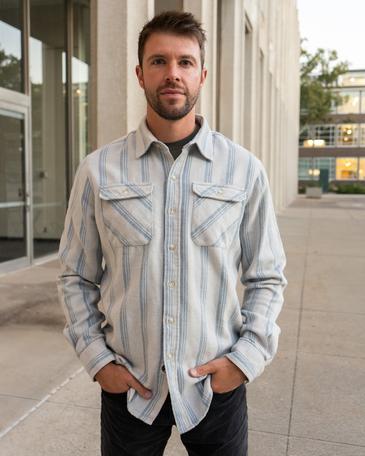 Blue and White Striped Flannel Shirt for Men, 100% Heavyweight Cotton Flannel
