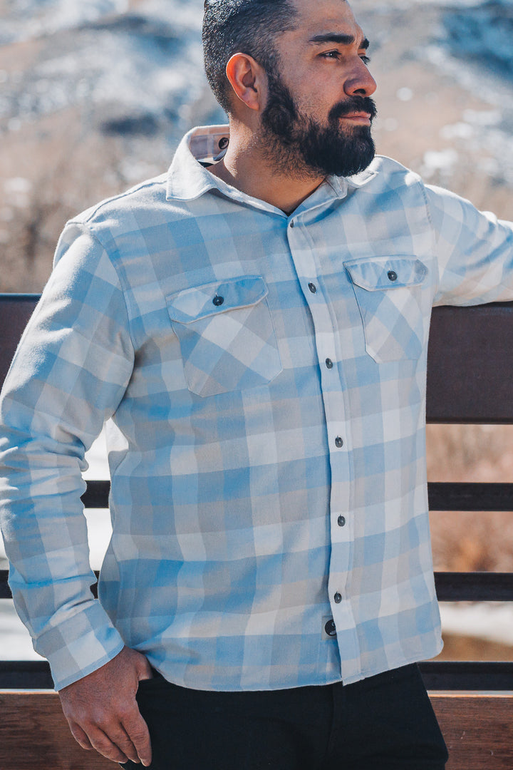 MuskOx Three Seasons Flannel in Vintage Sky Blue, 100% cotton lightweight flannel shirt for men