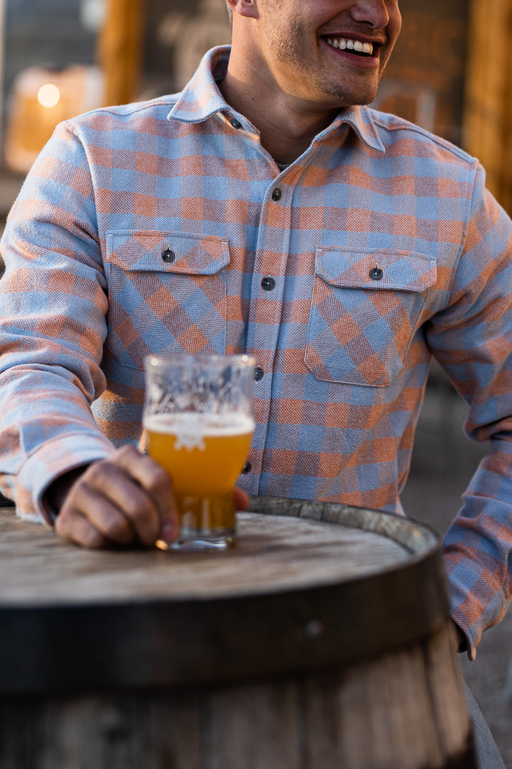 Grand Flannel in Tangerine Orange and Blue Check, Cotton Flannel Shirt for Men by MuskOx