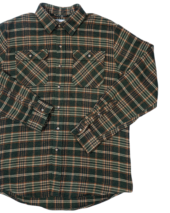 Field Grand Flannel in Green and Orange Plaid, Heavyweight 100% Cotton Flannel for Men