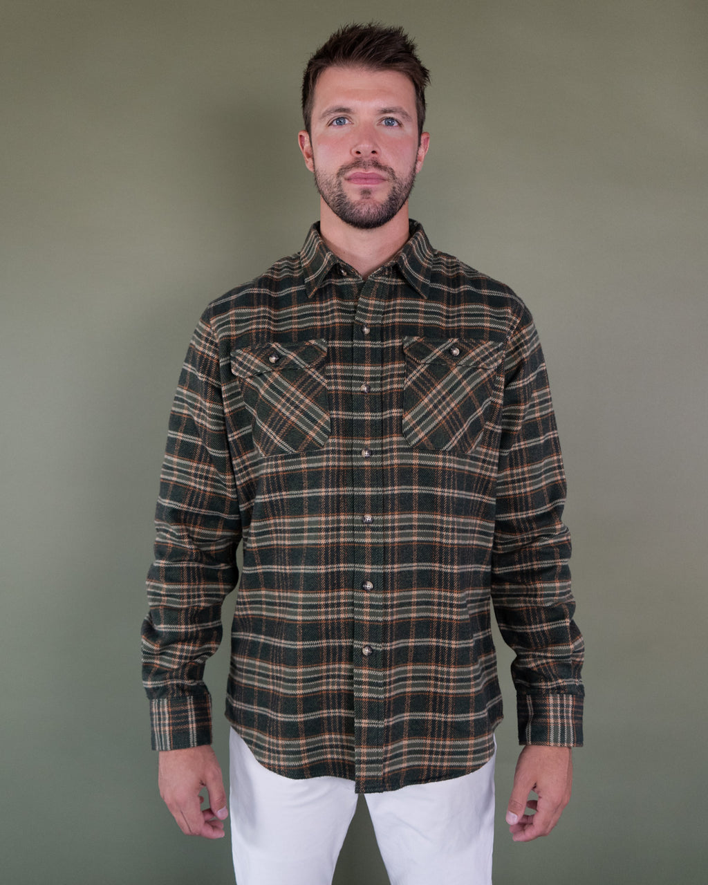 Field Grand Flannel in Green and Orange Plaid, Heavyweight 100% Cotton Flannel for Men