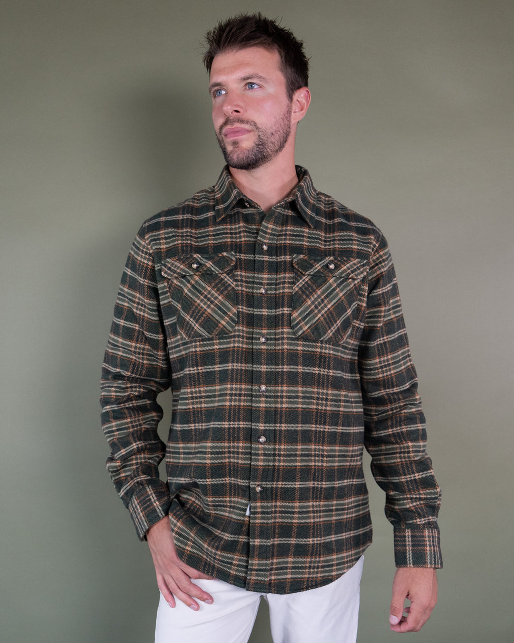 Field Grand Flannel in Green and Orange Plaid, Heavyweight 100% Cotton Flannel for Men