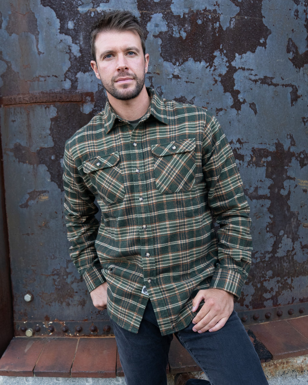 Field Grand Flannel in Green and Orange Plaid, Heavyweight 100% Cotton Flannel for Men