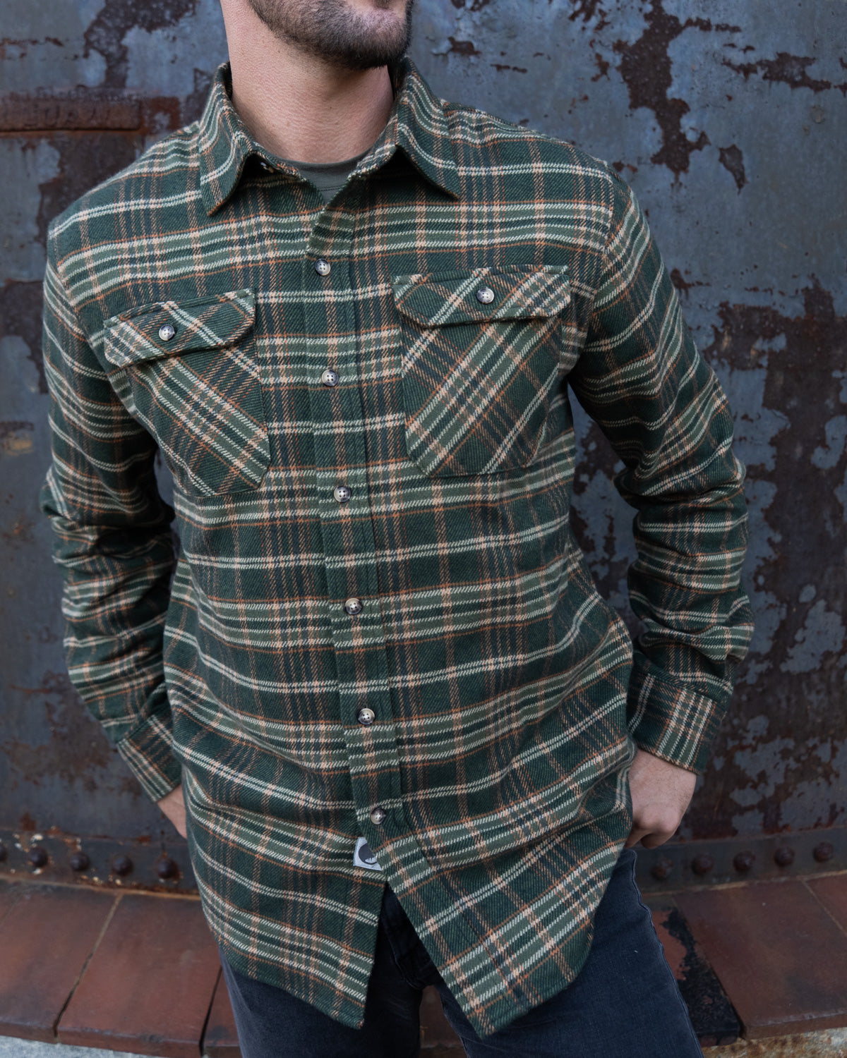 Field Grand Flannel in Green and Orange Plaid, Heavyweight 100% Cotton Flannel for Men