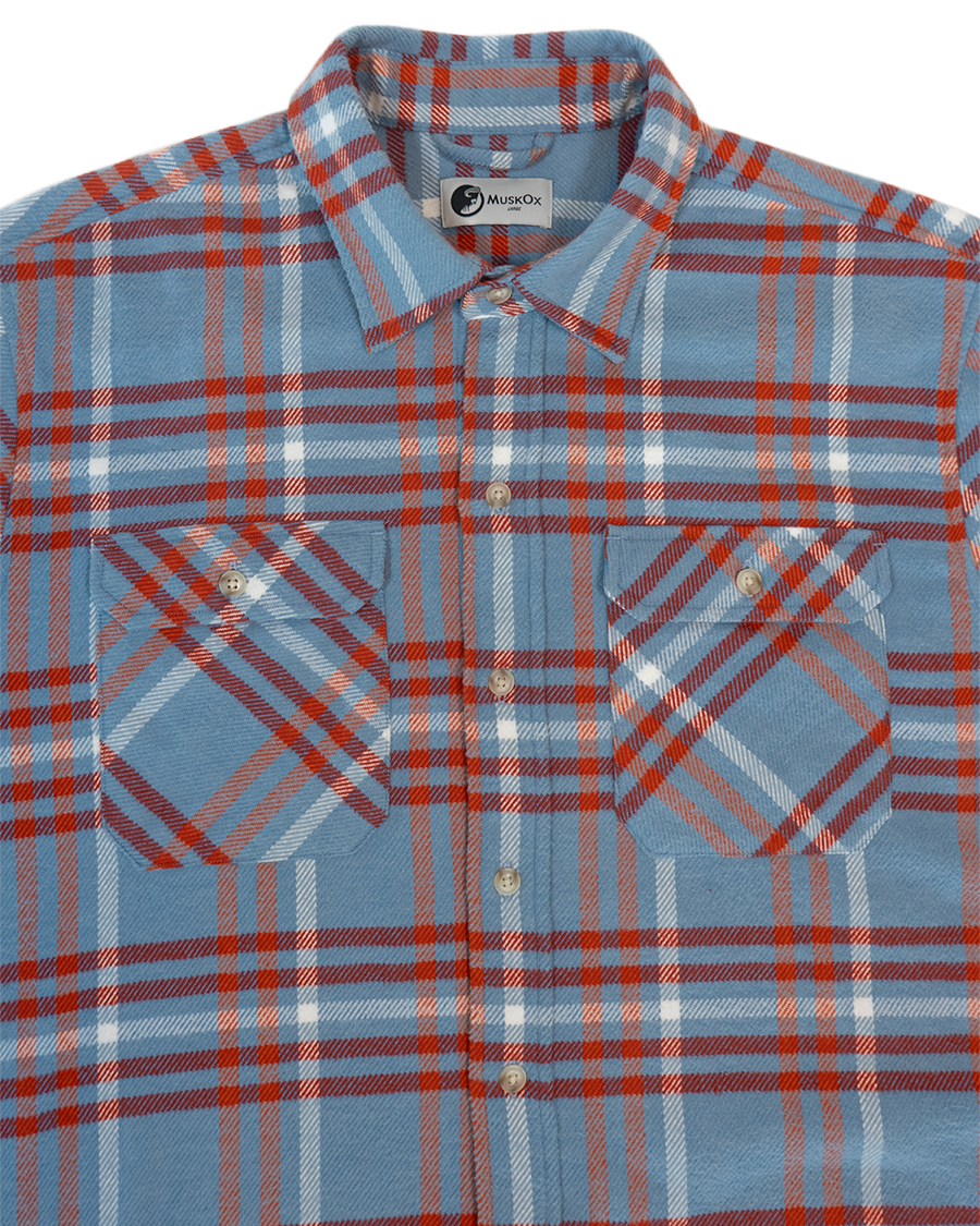 Field Grand Flannel in Frost, 100% Cotton Heavyweight Flannel in Blue and Orange Plaid