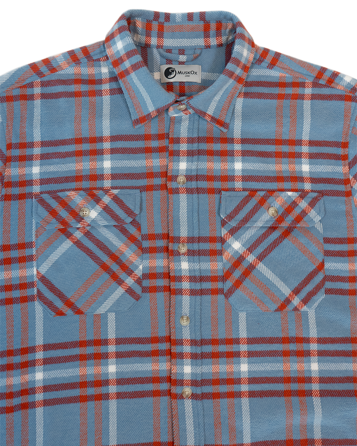 Field Grand Flannel in Frost, 100% Cotton Heavyweight Flannel in Blue and Orange Plaid