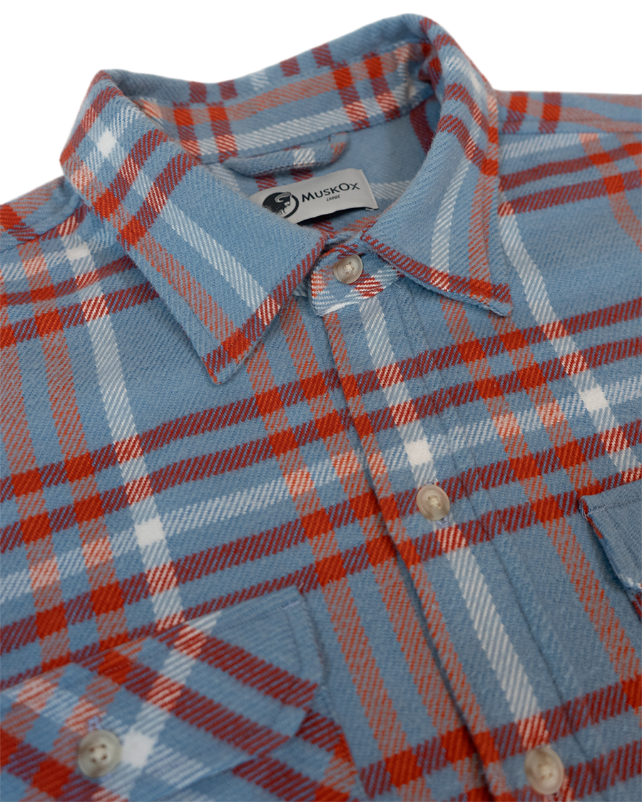 Field Grand Flannel in Frost, 100% Cotton Heavyweight Flannel in Blue and Orange Plaid