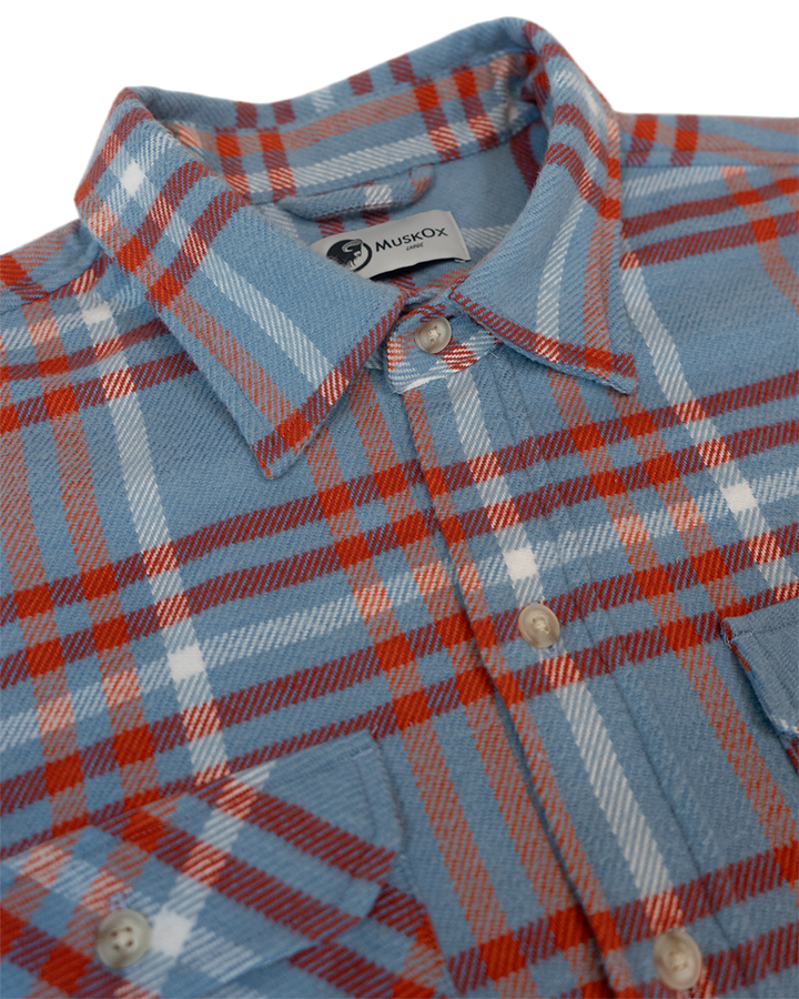 Field Grand Flannel in Frost, 100% Cotton Heavyweight Flannel in Blue and Orange Plaid