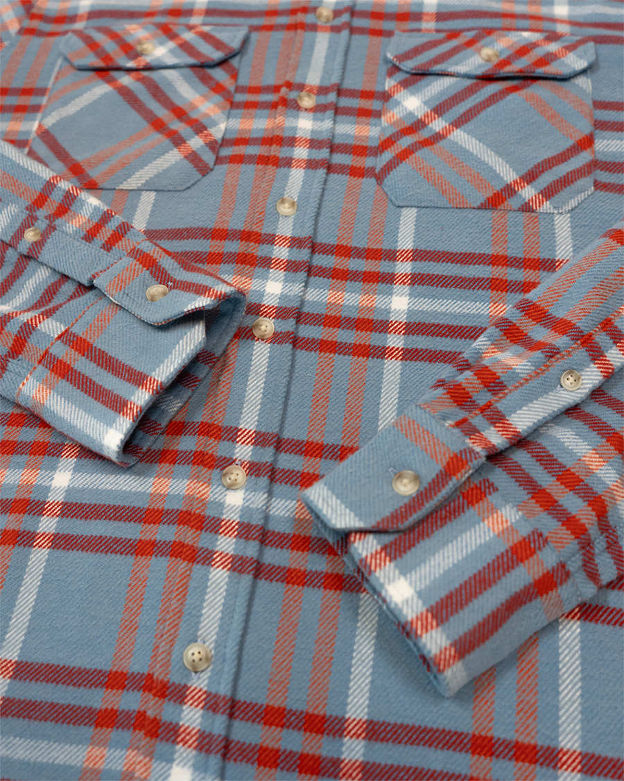 Field Grand Flannel in Frost, 100% Cotton Heavyweight Flannel in Blue and Orange Plaid