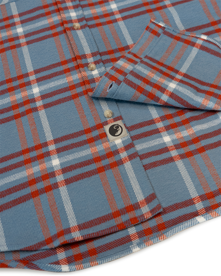 Field Grand Flannel in Frost, 100% Cotton Heavyweight Flannel in Blue and Orange Plaid