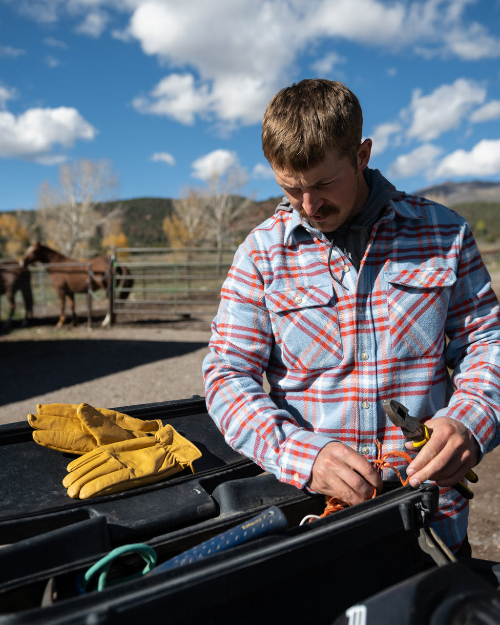 Field Grand Flannel in Frost, 100% Cotton Heavyweight Flannel in Blue and Orange Plaid