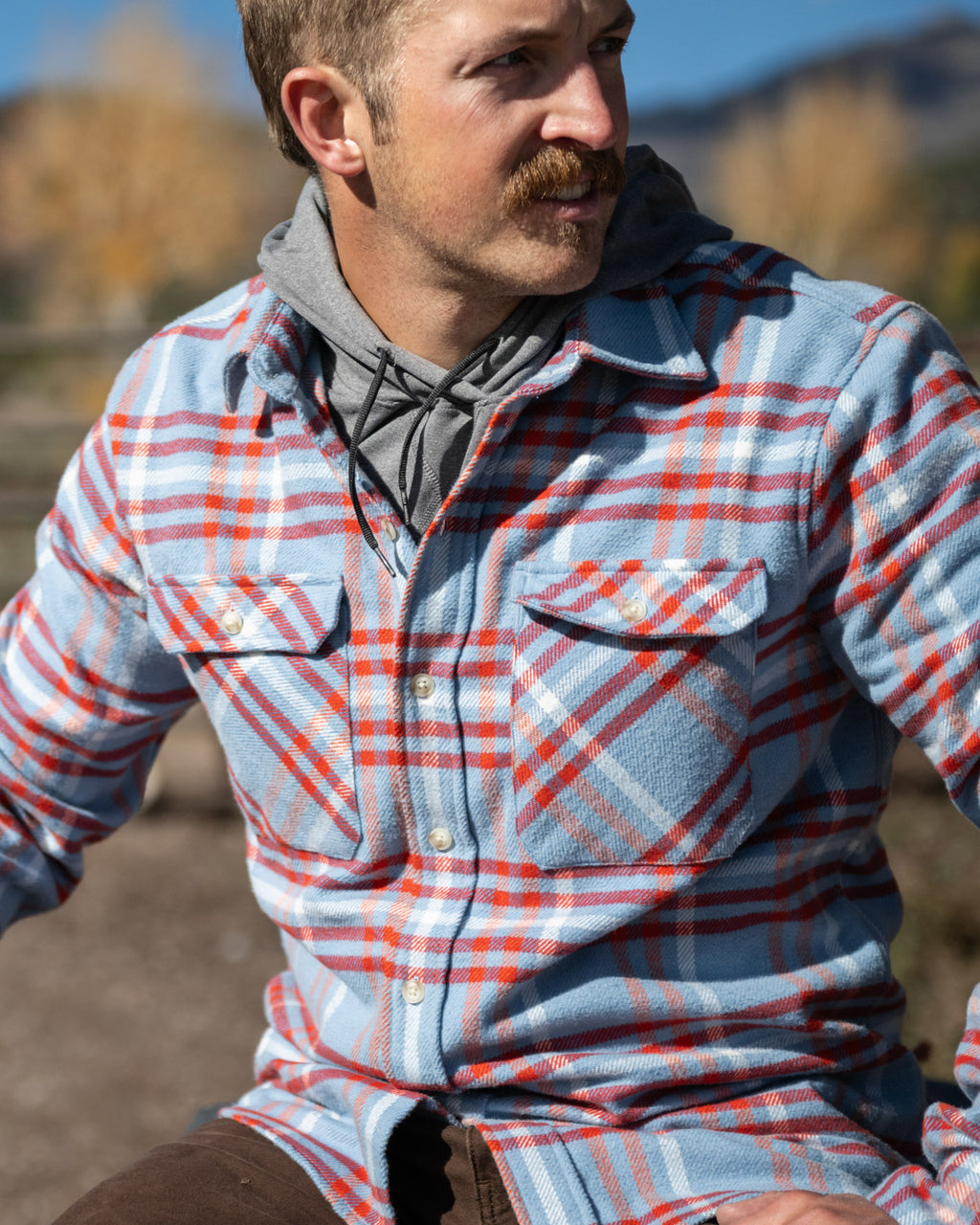 Field Grand Flannel in Frost, 100% Cotton Heavyweight Flannel in Blue and Orange Plaid